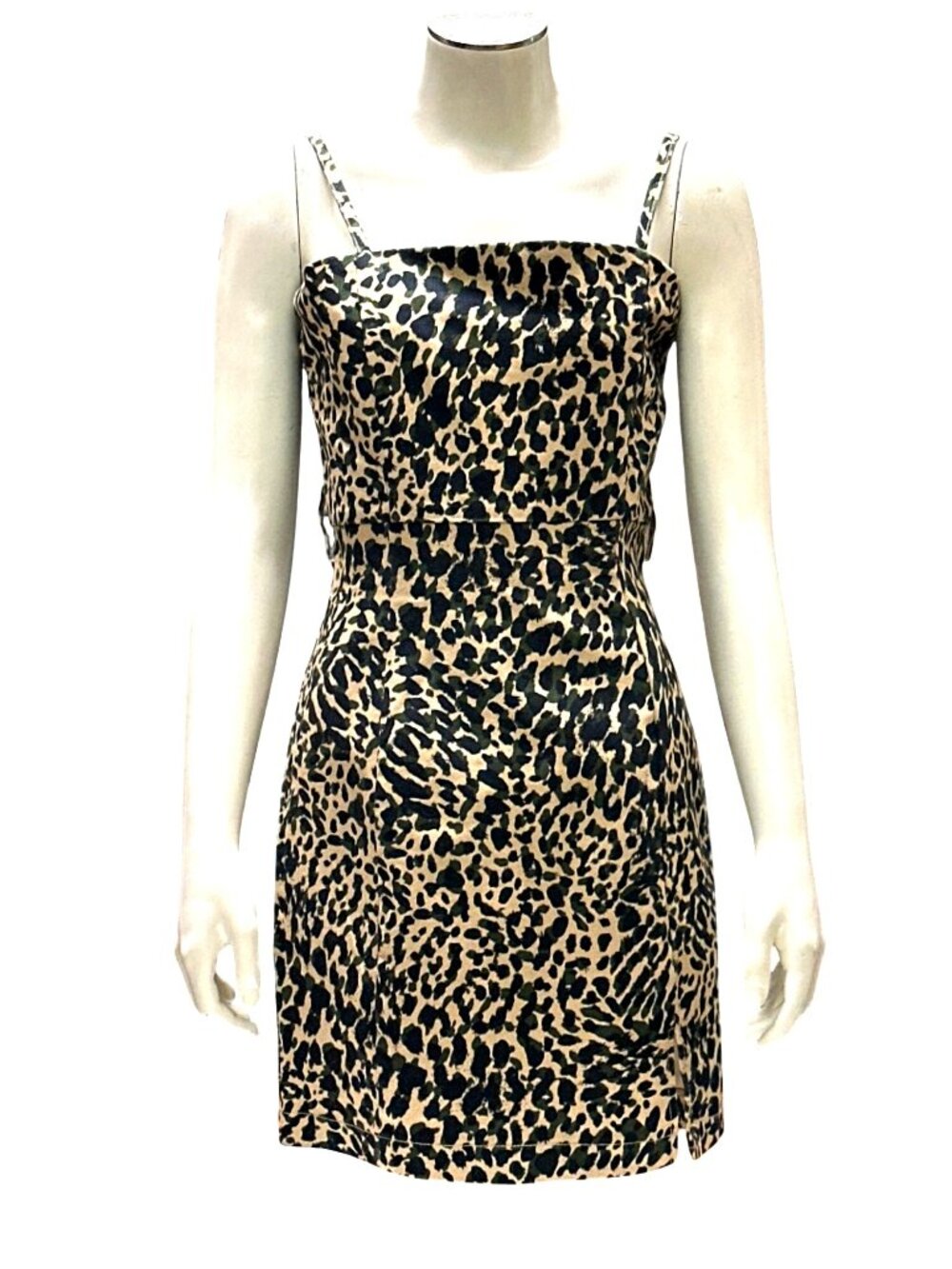Forever 21 M Leopard Print Mini Dress Beige Black Spaghetti Strap Front Slit Zip - Picture 2 of 12